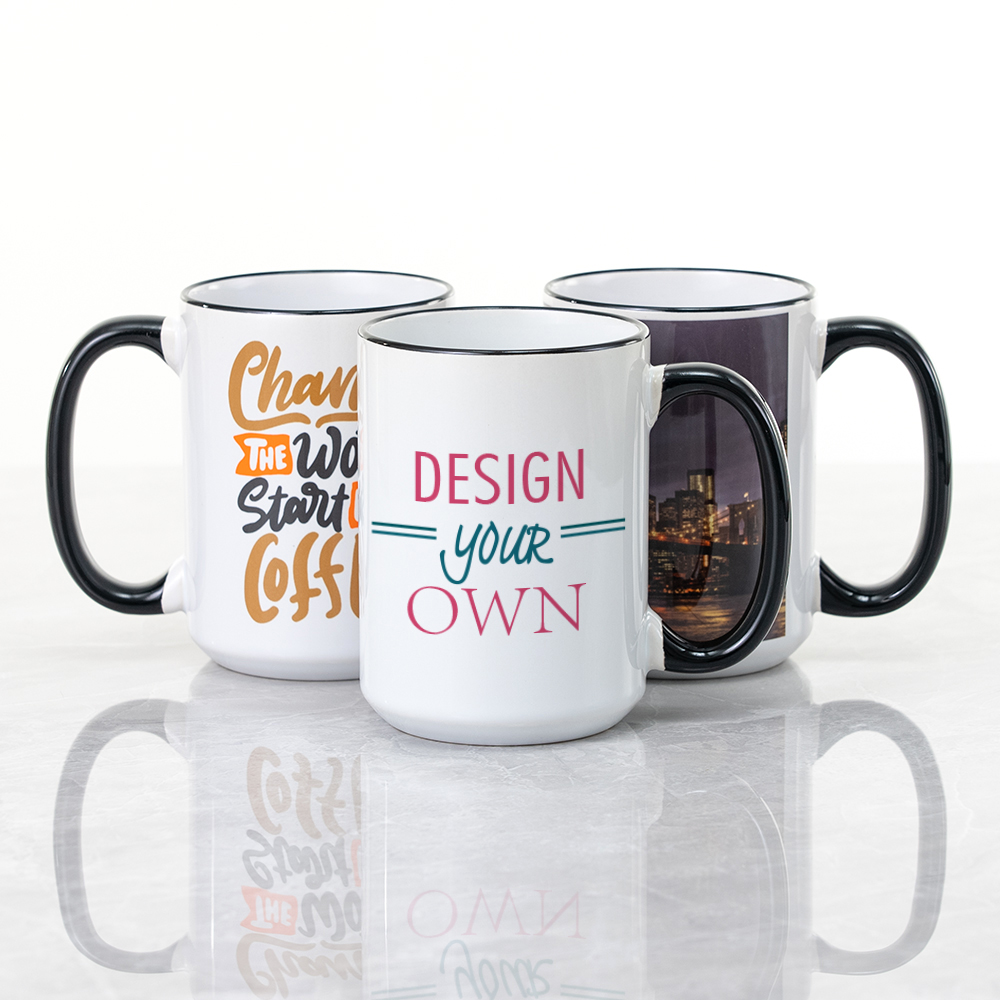 Custom Mugs, Colored Handle Rim, Bulk Wholesale Coffee Cups