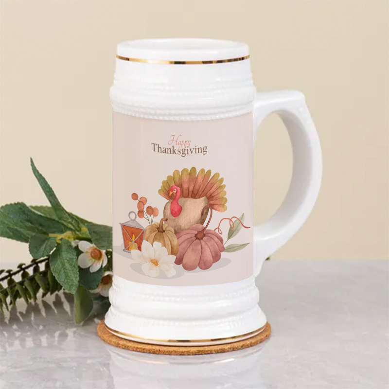 thankgiving-22 oz Ceramic Beer Stein with Gold Rim