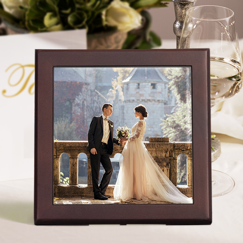Wedding_Photo Tile w_ Pecan Frame – Medium Square
