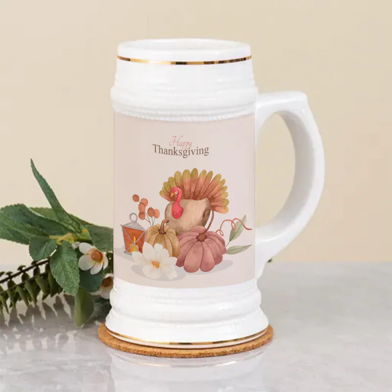 thankgiving-22 oz Ceramic Beer Stein with Gold Rim